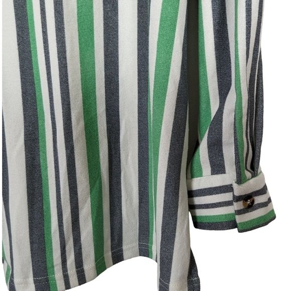 Robert Louis tab sleeve button‎ up green gray white stripe blouse size M - Picture 6 of 9